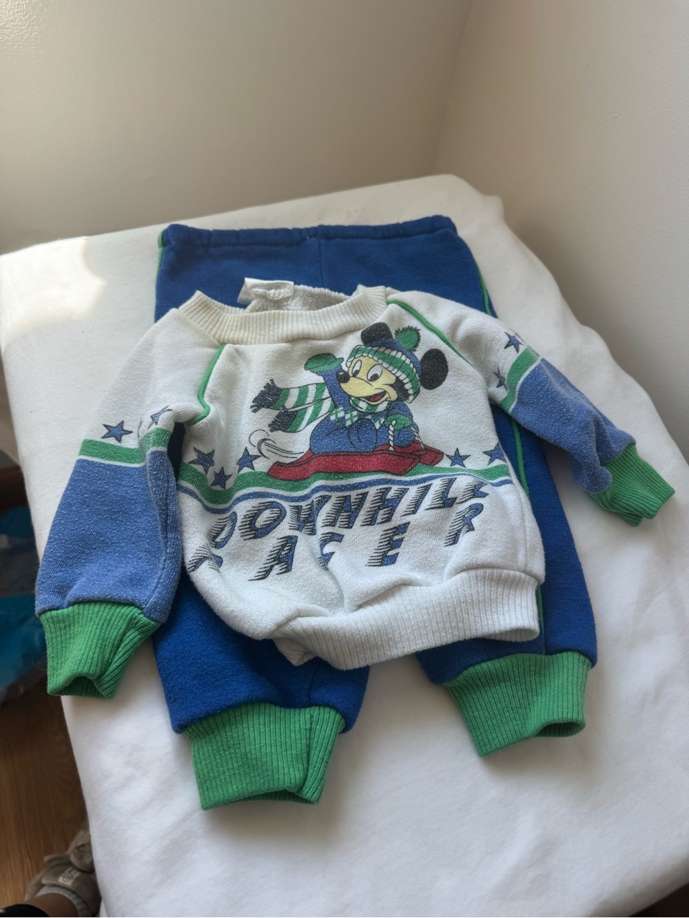 Vintage Disney Mickey Mouse “Downhill Racer” Baby/Toddler Sweatsuit Set Size 6-9